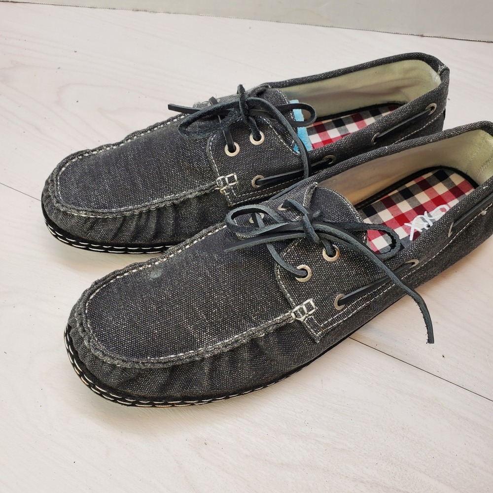 GBX Mens Boat Shoes Charcoal Denim‎ Canvas Plaid Lining Moc Toe 13M Street-Savvy